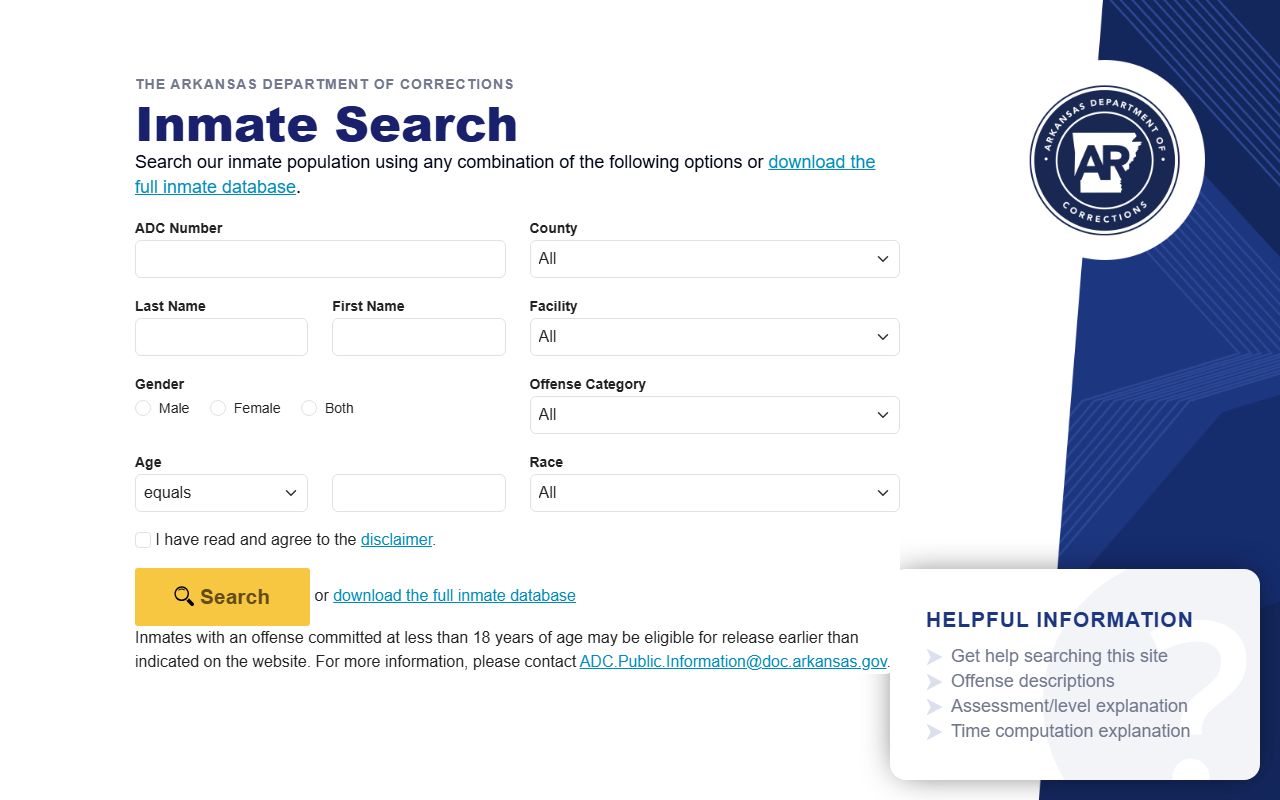 Arkansas County inmate population Arkansas DOC inmate search fields